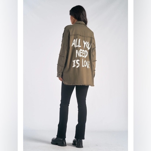 NWT Elan Dawn All You Need Is Love Distressed Jacket/Shacket Olive Green Medium - Picture 2 of 10